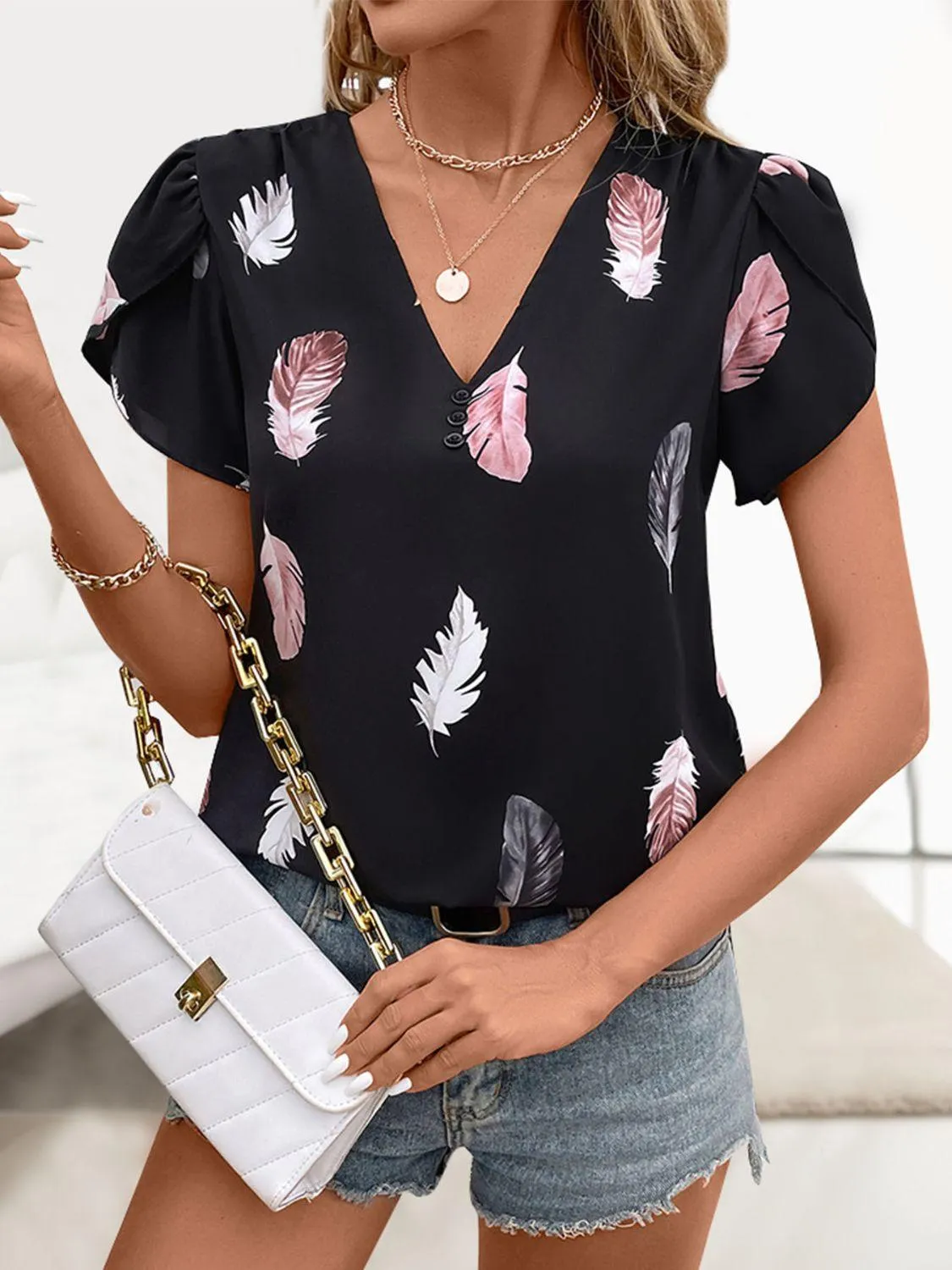 Printed V-Neck Short Sleeve Blouse