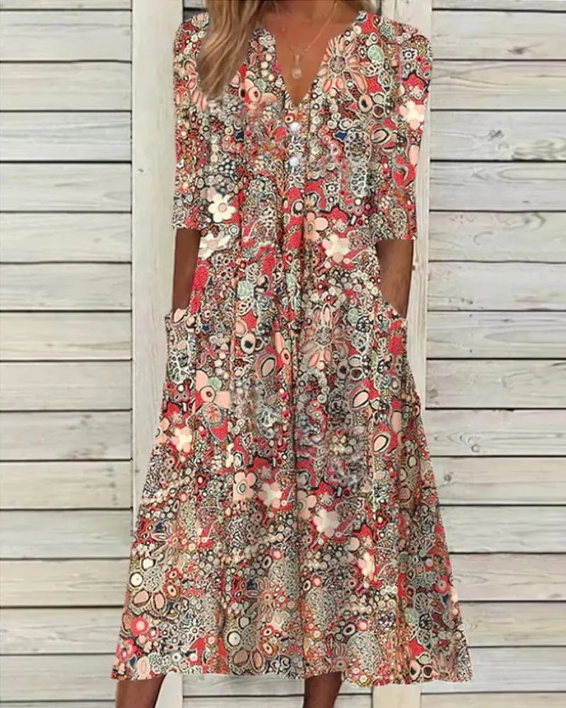 Printed V-neck slip pocket dress