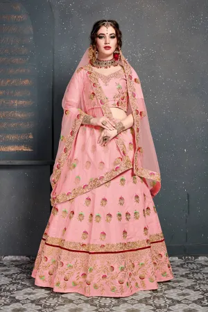 Prominent Baby Pink Embroidered Slub Silk Lehenga Choli