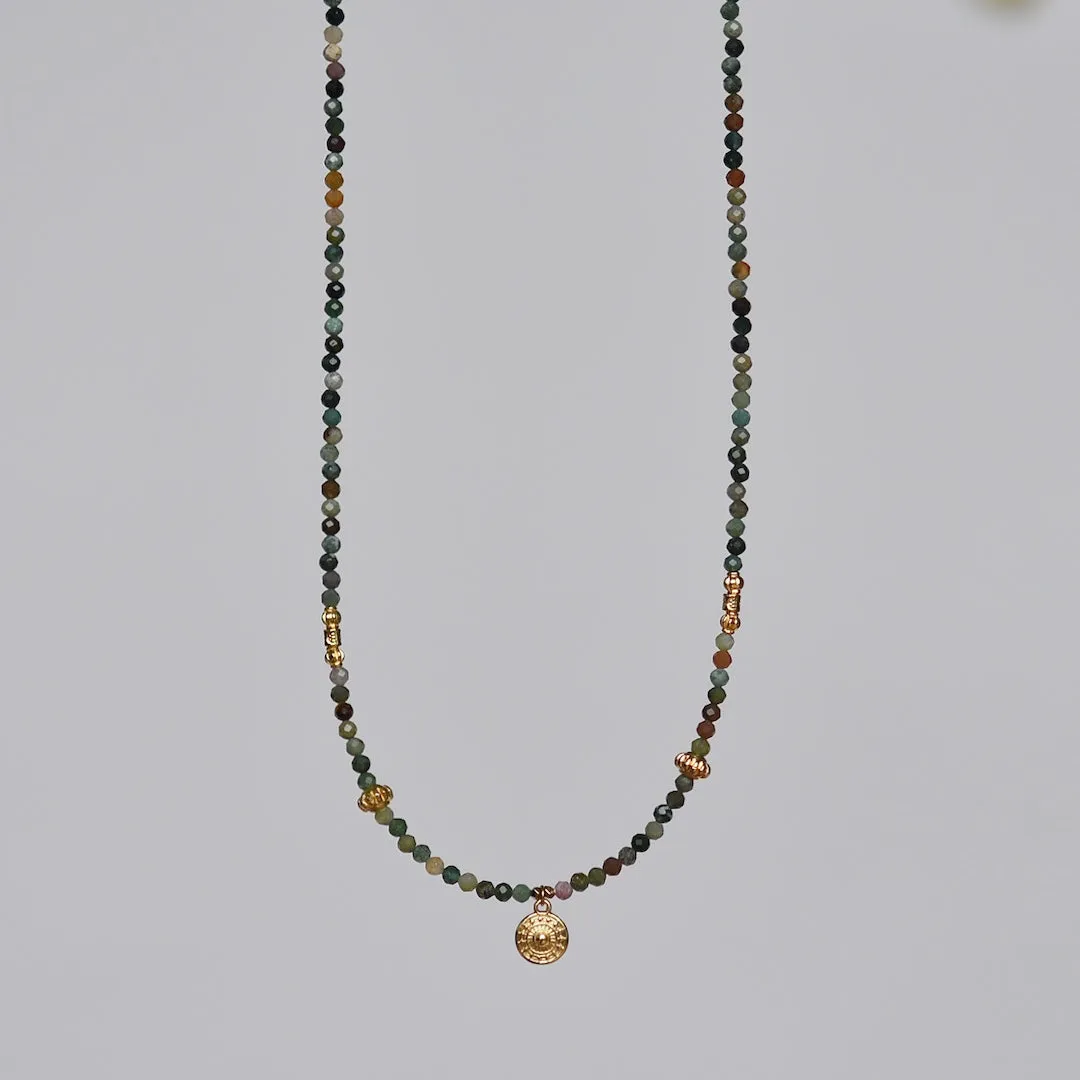 Protection Necklace with Indian agate gemstone beads and a golden shield