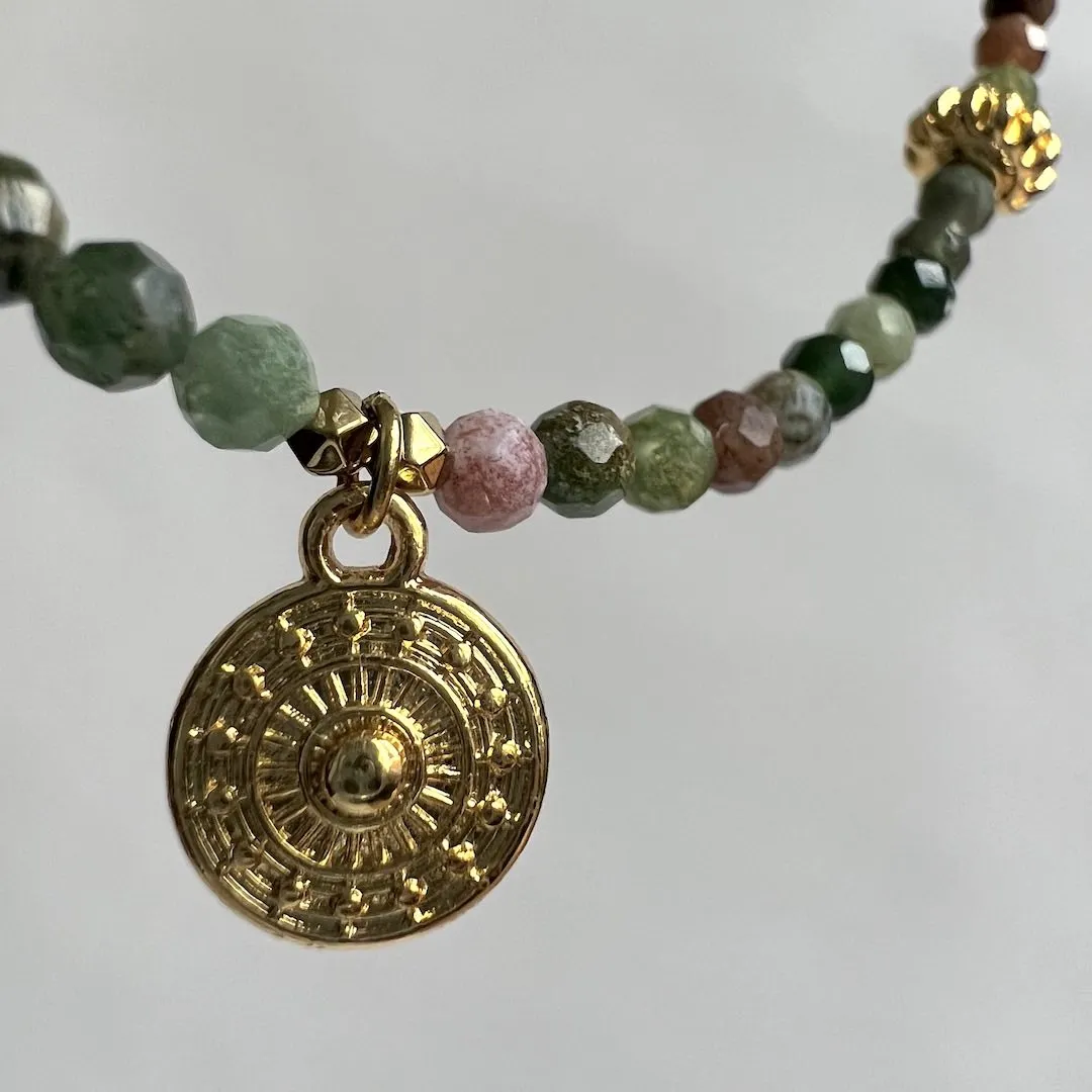 Protection Necklace with Indian agate gemstone beads and a golden shield