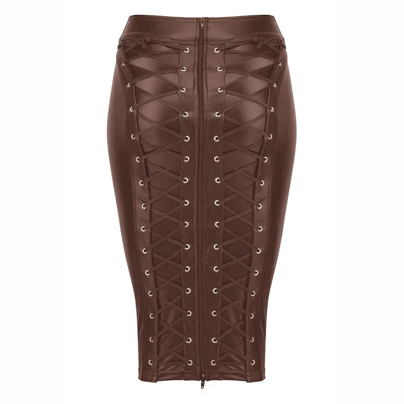 PU Back Lace Leather Skirt