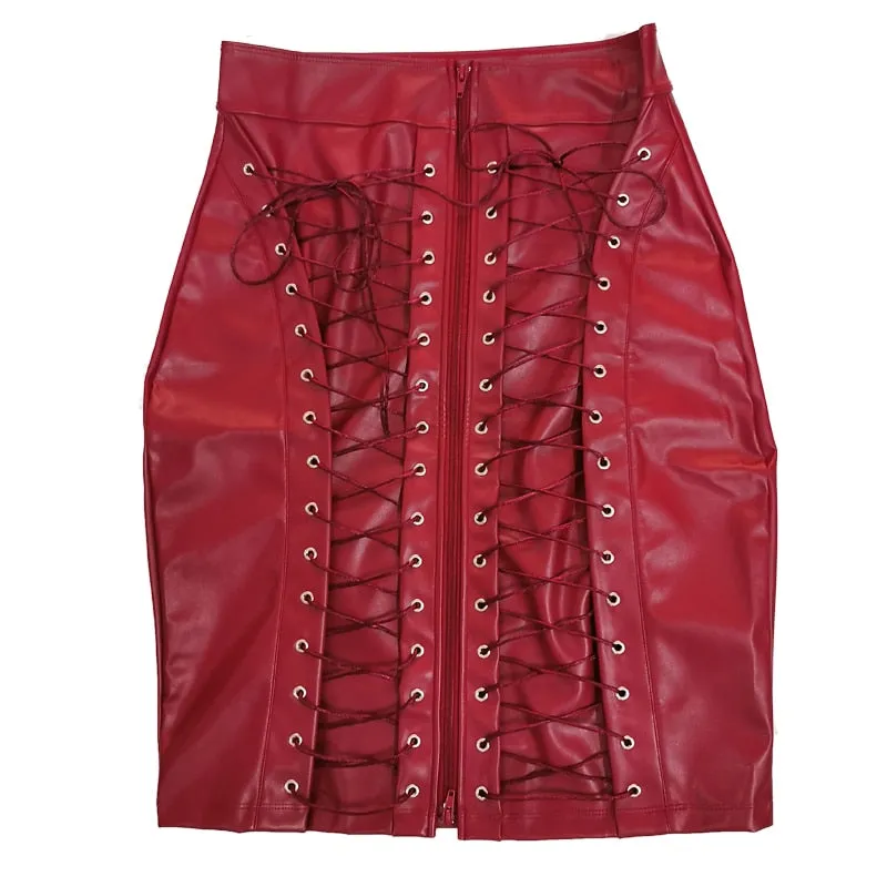 PU Back Lace Leather Skirt