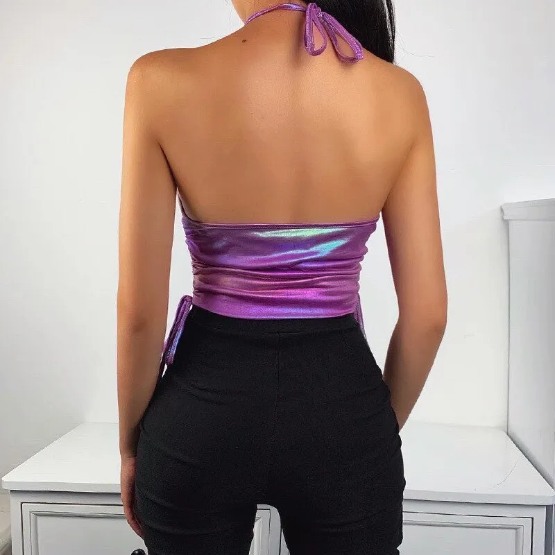 PU Leather Purple Halter Slim Fit Tops