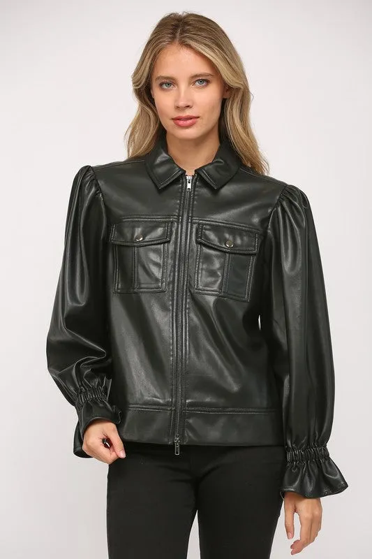 Puff Sleeve Faux Leather Jacket