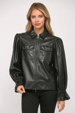 Puff Sleeve Faux Leather Jacket