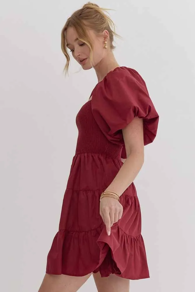 Puff Sleeve Tiered Mini Dress in Burgundy by Entro