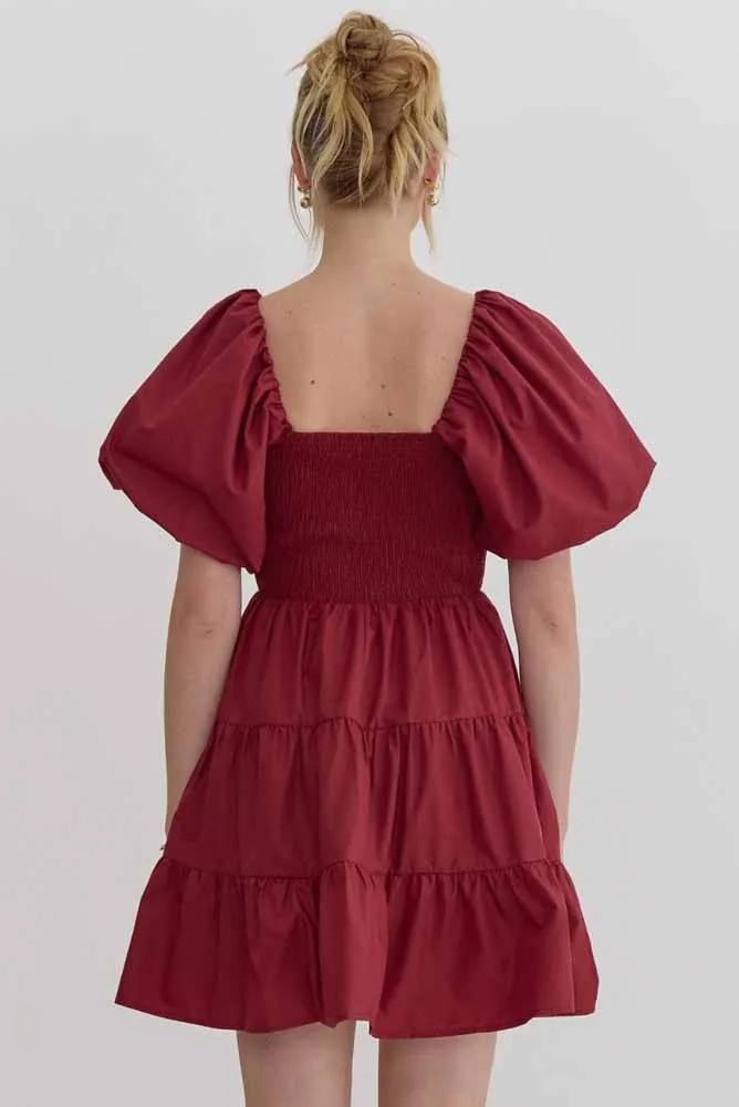 Puff Sleeve Tiered Mini Dress in Burgundy by Entro