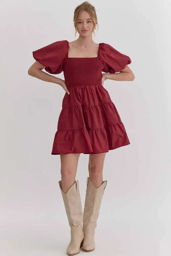 Puff Sleeve Tiered Mini Dress in Burgundy by Entro