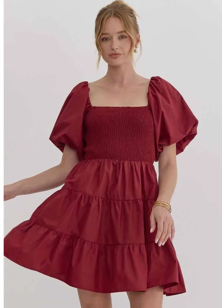 Puff Sleeve Tiered Mini Dress in Burgundy by Entro