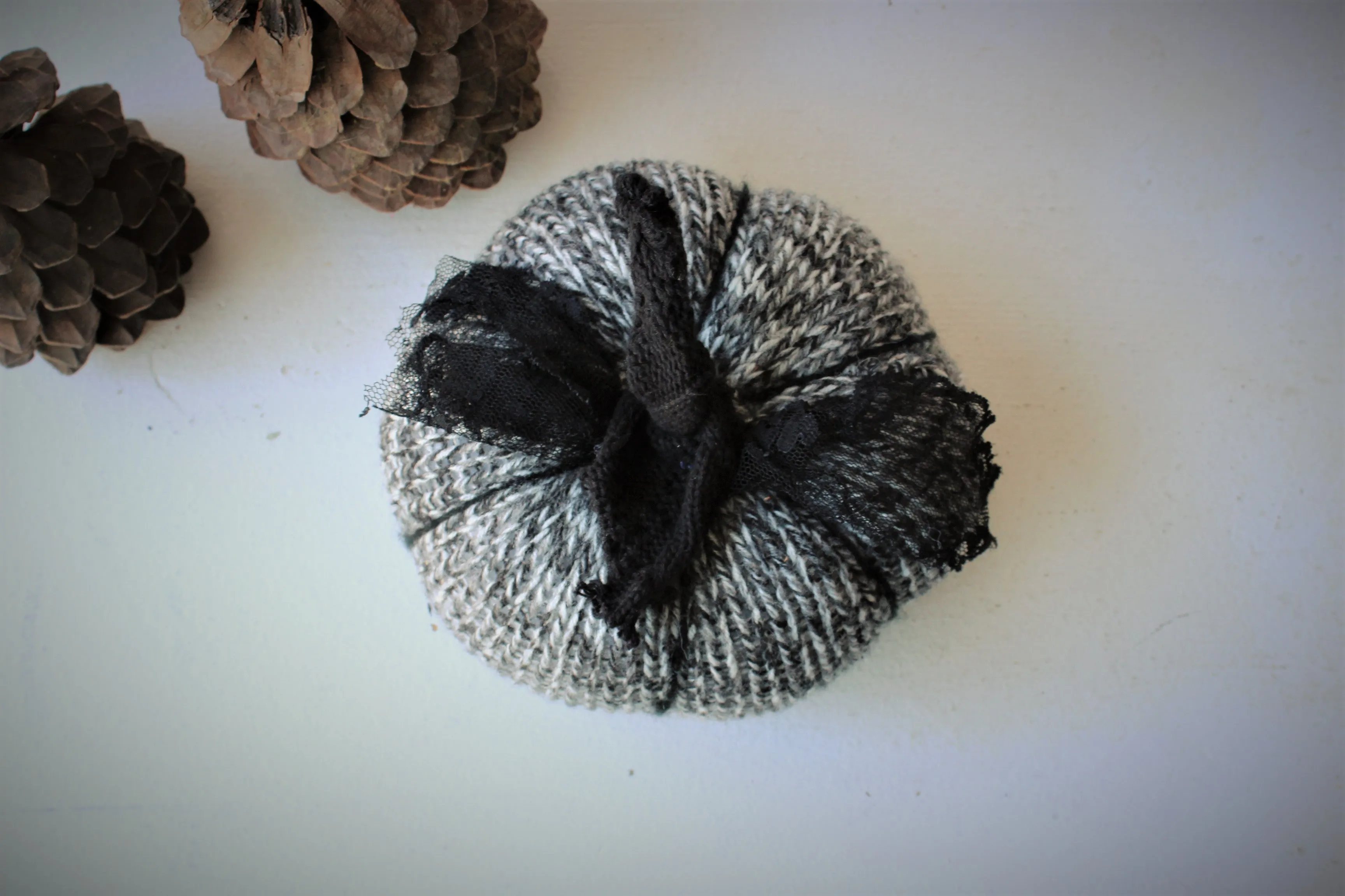 Pumpkin PIllow in Gray, Black and White, Embellished with Black Lace, Tattered Stem