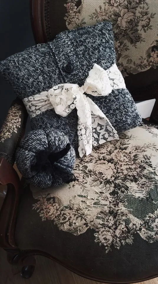 Pumpkin PIllow in Gray, Black and White, Embellished with Black Lace, Tattered Stem