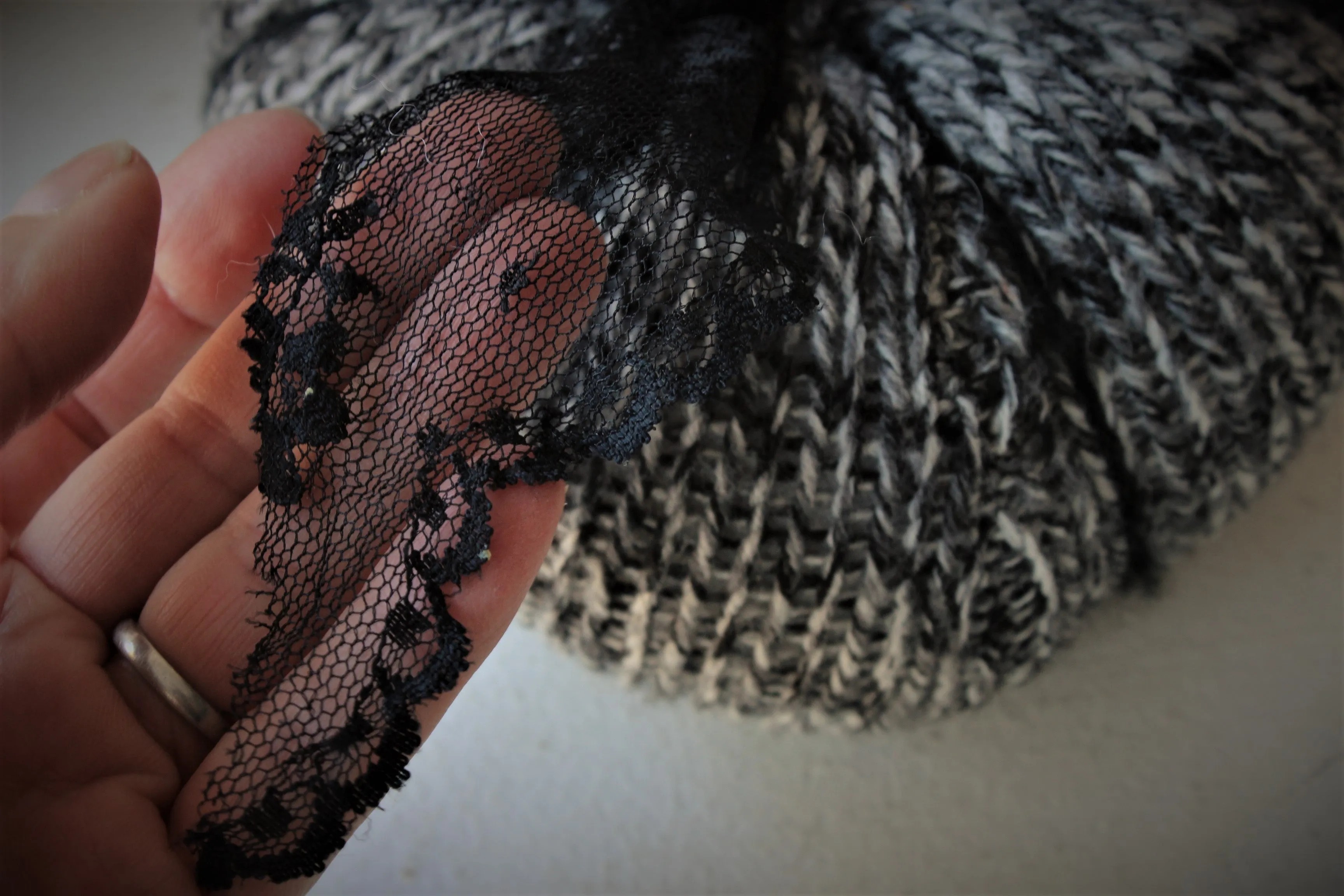 Pumpkin PIllow in Gray, Black and White, Embellished with Black Lace, Tattered Stem