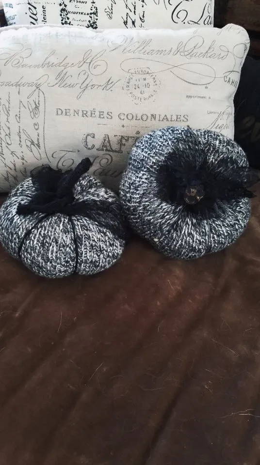 Pumpkin PIllow in Gray, Black and White, Embellished with Black Lace, Tattered Stem