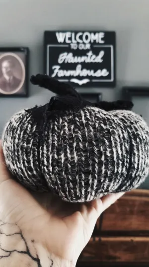 Pumpkin PIllow in Gray, Black and White, Embellished with Black Lace, Tattered Stem