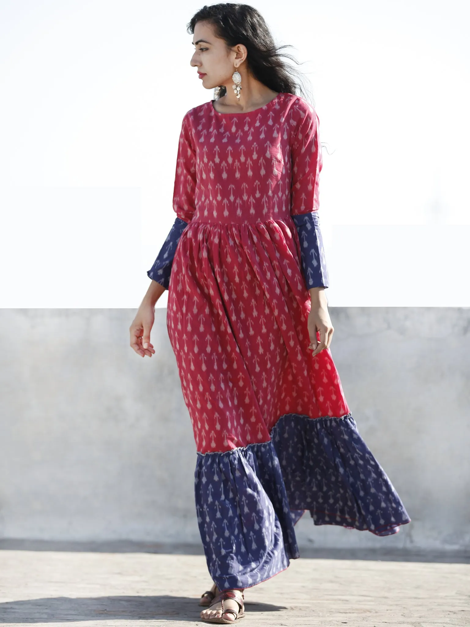 Punch Pink Purple Hand Woven Cotton Mercerized  Ikat Tier Dress - D175F1283