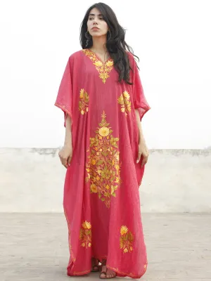 Punch Pink With Golden Yellow  Aari Embroidered Long Kashmere Free Size Kaftan in Crushed Cotton - K11K008