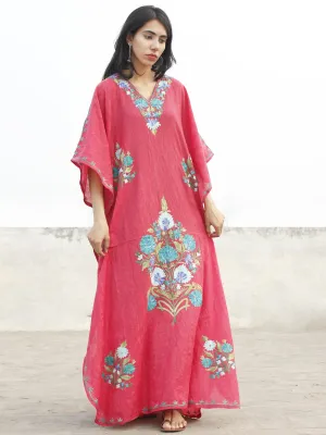 Punch Pink With Sky Blue Aari Embroidered Long Kashmere Free Size Kaftan in Crushed Cotton - K11K010