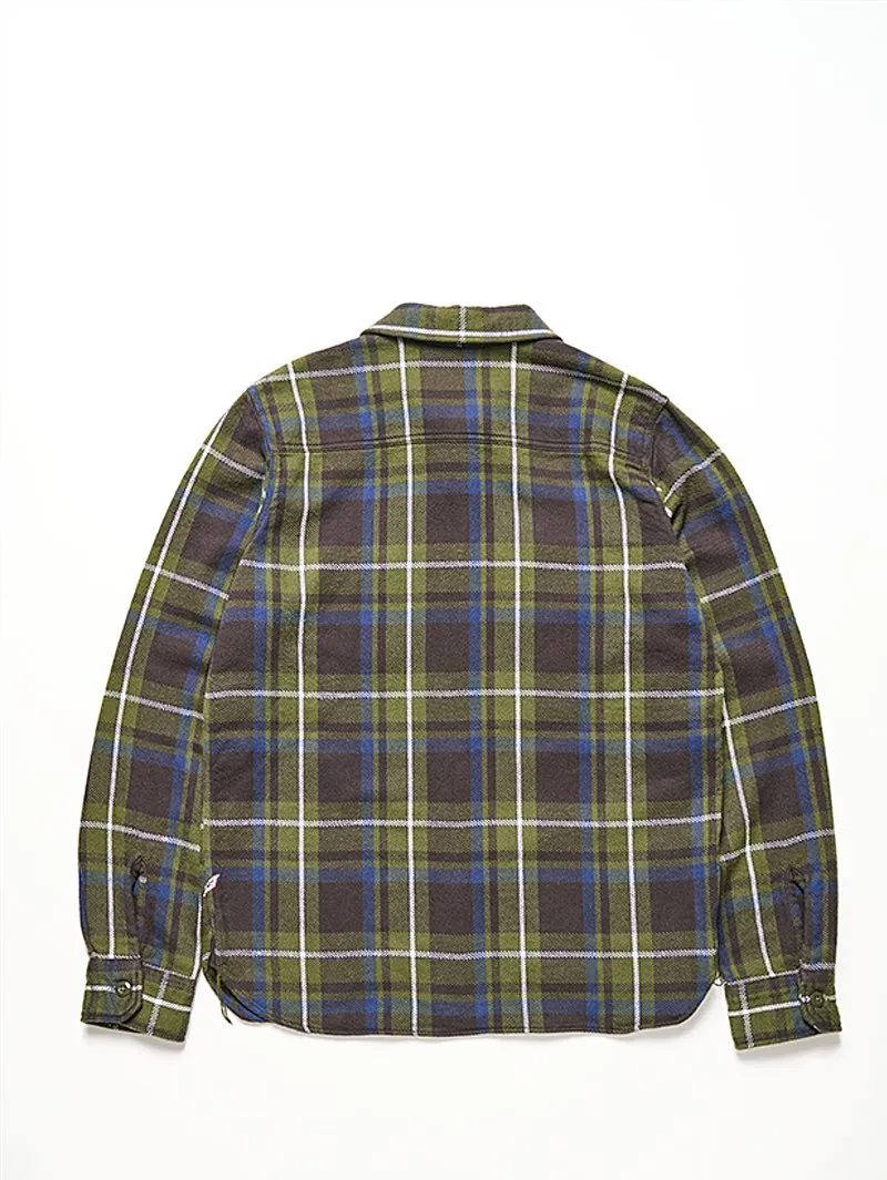 Pure Blue Japan Raised Surface Check Double Pocket Shirt - Olive