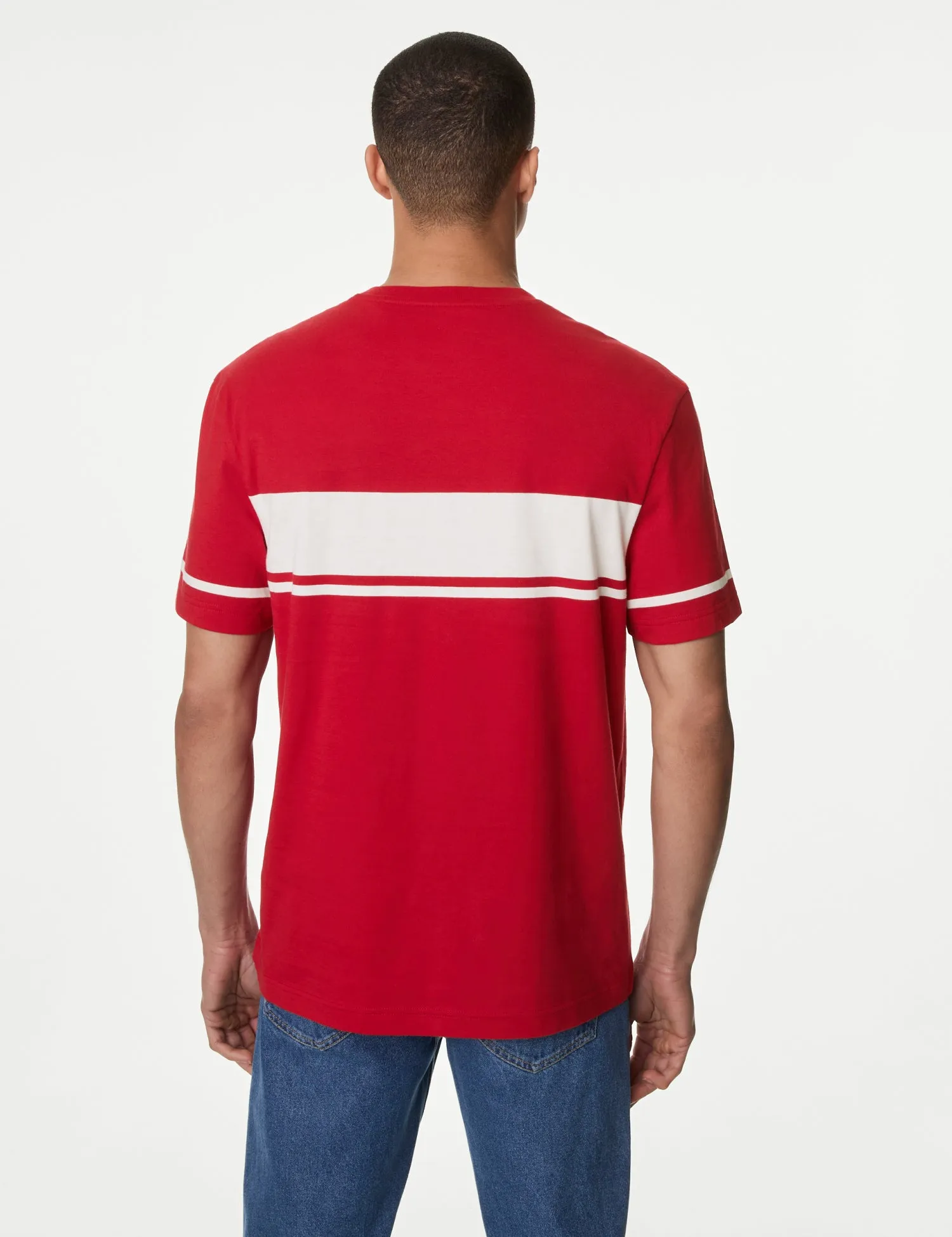 Pure Cotton Crew Neck Chest Stripe T-Shirt