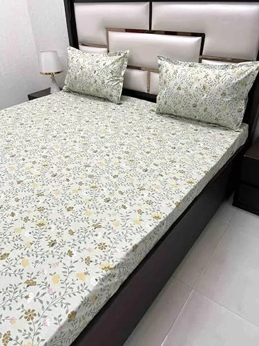 Pure Decor 100% Pure Cotton Velar Collection Super King Size Twill Fabric Bedsheet for Double Bed (108"X120") with 2 Pillow Covers PD 4371 - Floral, Green