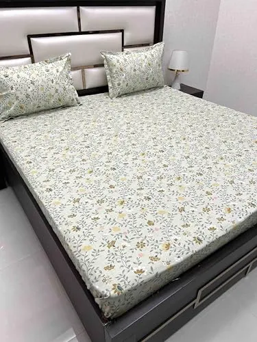 Pure Decor 100% Pure Cotton Velar Collection Super King Size Twill Fabric Bedsheet for Double Bed (108"X120") with 2 Pillow Covers PD 4371 - Floral, Green