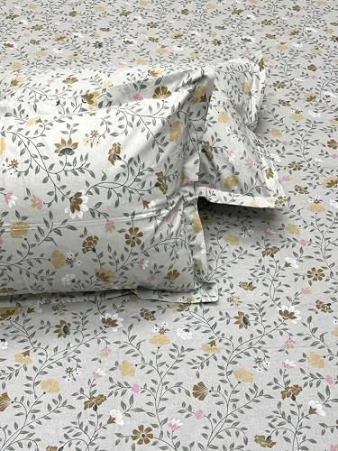 Pure Decor 100% Pure Cotton Velar Collection Super King Size Twill Fabric Bedsheet for Double Bed (108"X120") with 2 Pillow Covers PD 4371 - Floral, Green