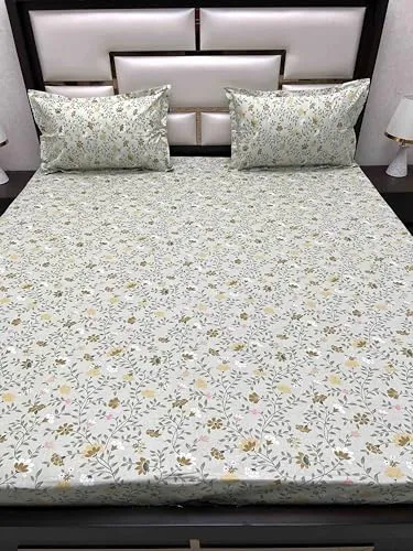 Pure Decor 100% Pure Cotton Velar Collection Super King Size Twill Fabric Bedsheet for Double Bed (108"X120") with 2 Pillow Covers PD 4371 - Floral, Green