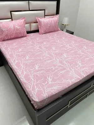 Pure Decor 100% Pure Cotton Velar Collection Super King Size Twill Fabric Bedsheet for Double Bed (108"X120") with 2 Pillow Covers PD 4389 - Floral, Pink