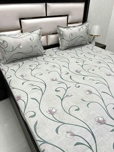 Pure Decor 100% Pure Cotton Velar Collection Super King Size Twill Fabric Bedsheet for Double Bed (108"X120") with 2 Pillow Covers PD 4392 - Floral, Green