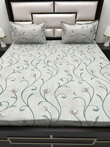 Pure Decor 100% Pure Cotton Velar Collection Super King Size Twill Fabric Bedsheet for Double Bed (108"X120") with 2 Pillow Covers PD 4392 - Floral, Green