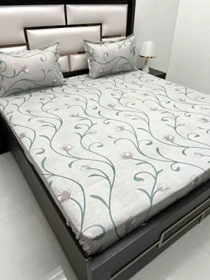 Pure Decor 100% Pure Cotton Velar Collection Super King Size Twill Fabric Bedsheet for Double Bed (108"X120") with 2 Pillow Covers PD 4392 - Floral, Green