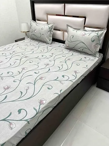 Pure Decor 100% Pure Cotton Velar Collection Super King Size Twill Fabric Bedsheet for Double Bed (108"X120") with 2 Pillow Covers PD 4392 - Floral, Green