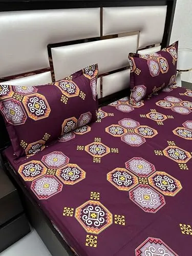 Pure Decor 100% Pure Cotton Velar SIB Collection King Size Procian Print Bedsheet for Double Bed (108"X108") with 2 Pillow Covers PD 4273 - Ethnic, Purple