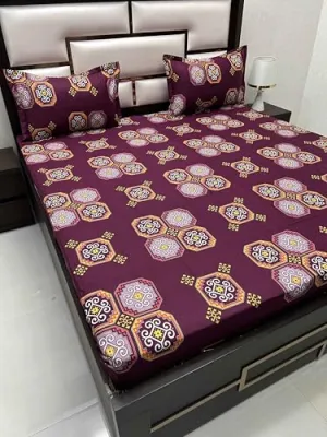 Pure Decor 100% Pure Cotton Velar SIB Collection King Size Procian Print Bedsheet for Double Bed (108"X108") with 2 Pillow Covers PD 4273 - Ethnic, Purple