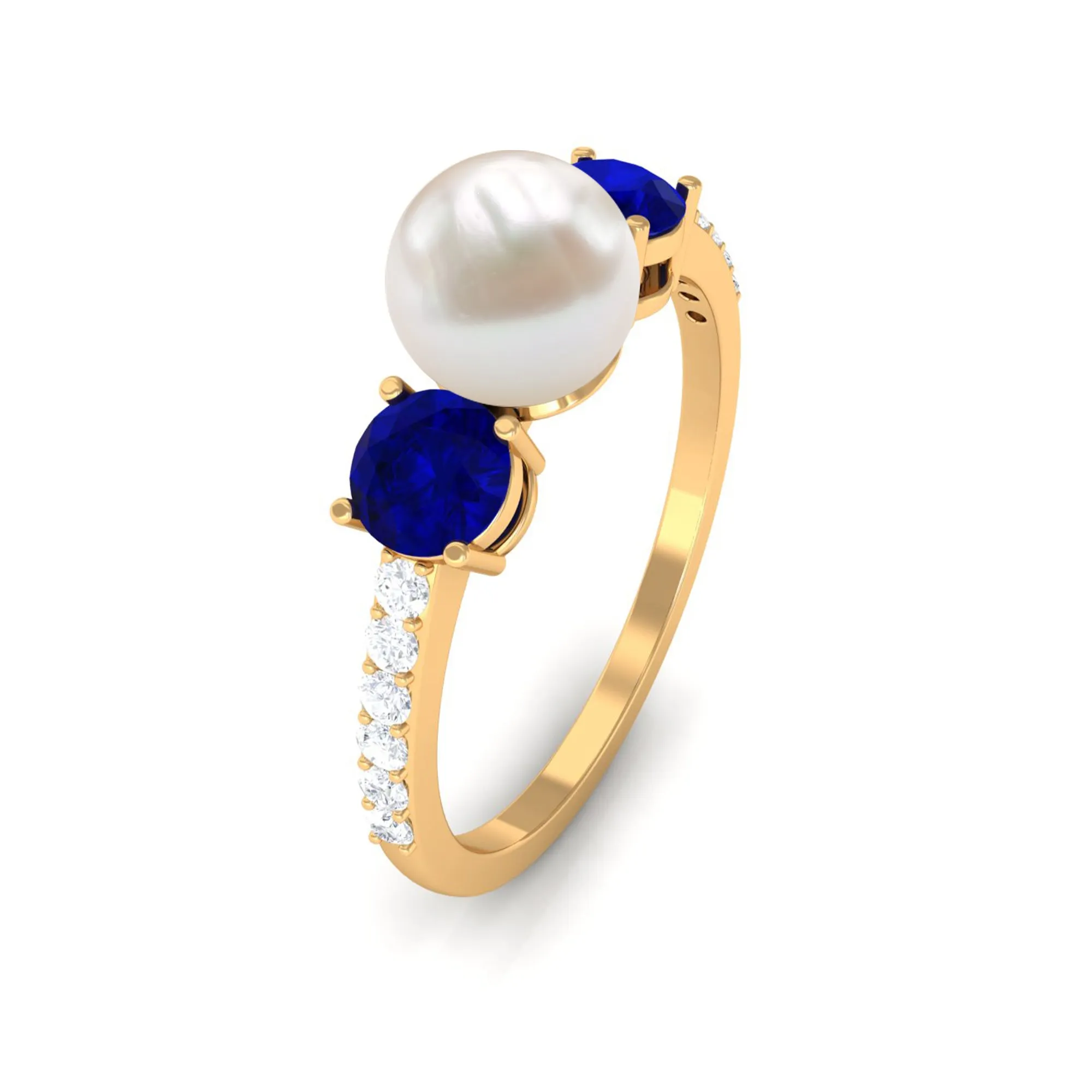 Pure Freshwater Pearl and Blue Sapphire Engagement Ring with Moissanite