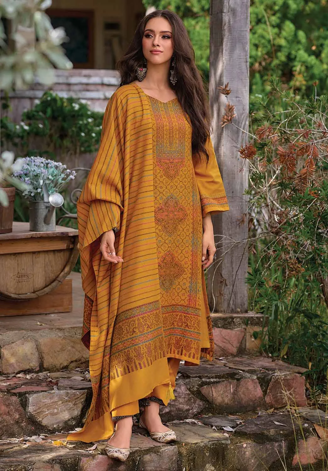 Pure Handloom Yellow Unstitched Pashmina Winter Suits Set for Women