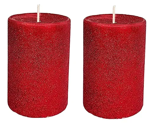 Pure Indian Candle Handmade Unscented Red Glitter Wax Pillar Candle PIC0012 (Pack of 2 pcs.) Burn Time 40 Hrs.