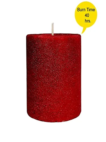 Pure Indian Candle Handmade Unscented Red Glitter Wax Pillar Candle PIC0012 (Pack of 2 pcs.) Burn Time 40 Hrs.