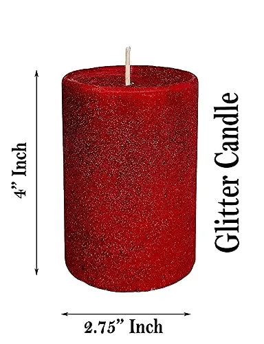 Pure Indian Candle Handmade Unscented Red Glitter Wax Pillar Candle PIC0012 (Pack of 2 pcs.) Burn Time 40 Hrs.