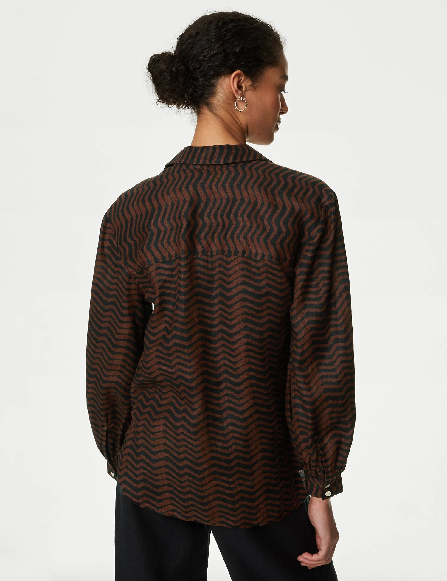 Pure Linen Printed Collared Popover Blouse