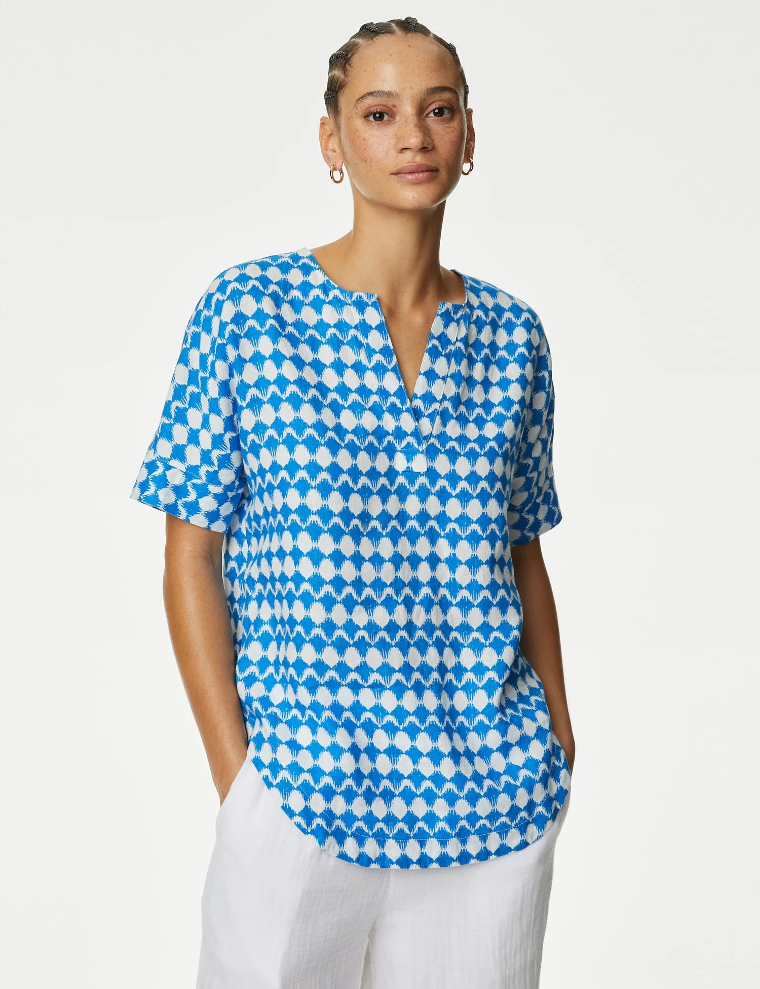 Pure Linen Printed V-Neck Popover Blouse