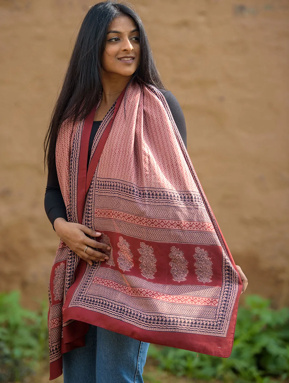 Pure Silk Bagh Printed Stole - Red Pattern