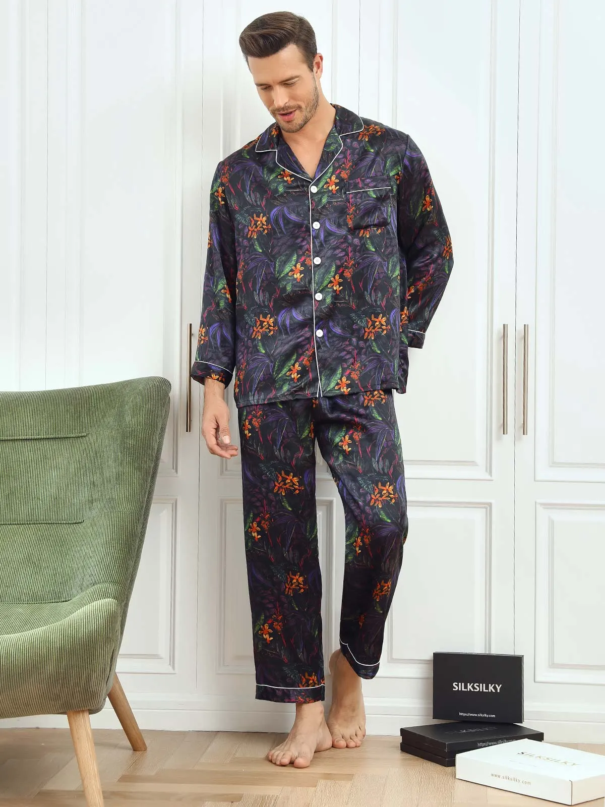 Pure Silk Men‘s Floral Printed Lapel Pajamas