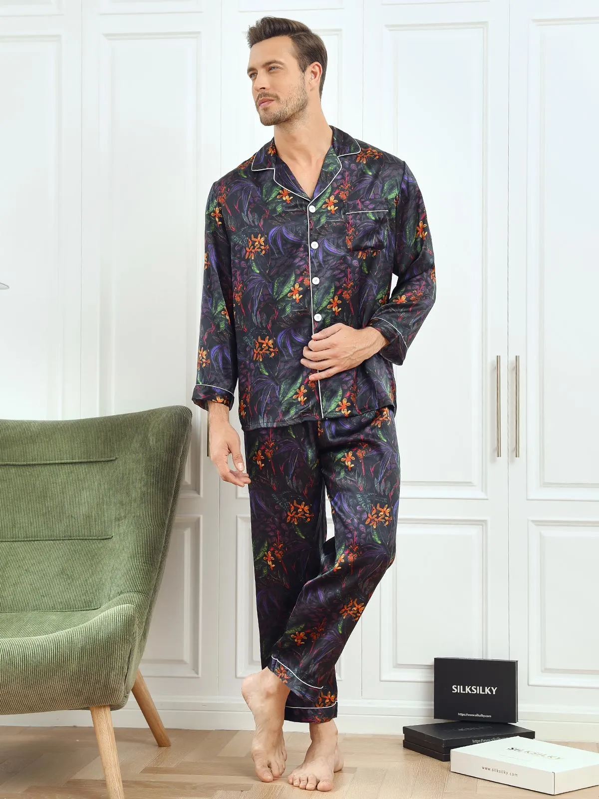 Pure Silk Men‘s Floral Printed Lapel Pajamas