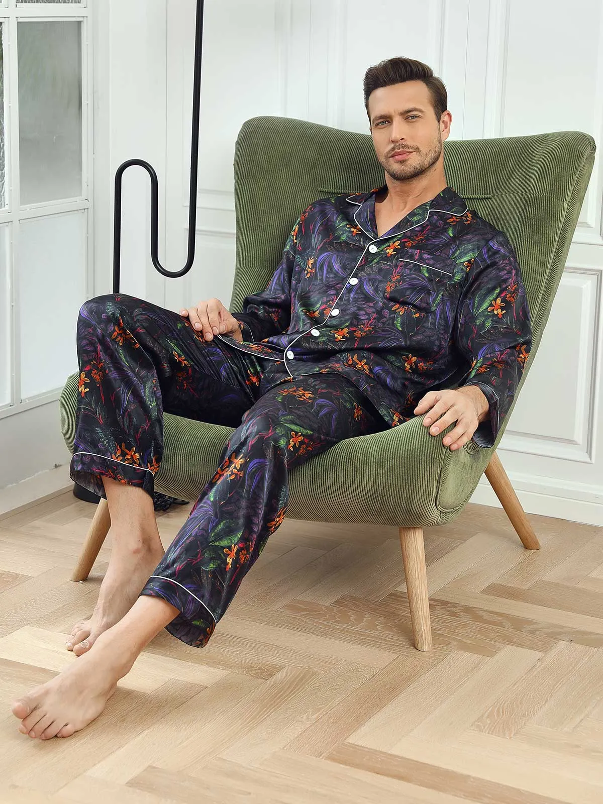 Pure Silk Men‘s Floral Printed Lapel Pajamas