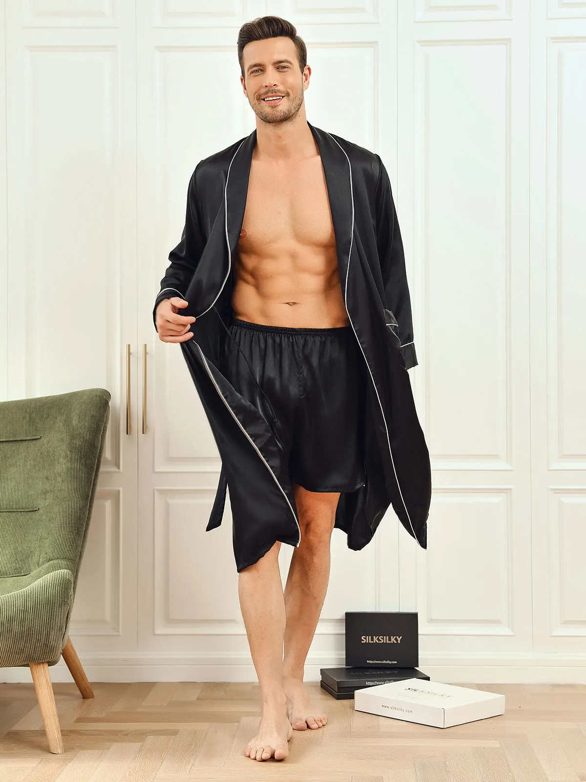 Pure Silk Piping Trim Belted Mens Dressing Gown   Shorts 2Pcs