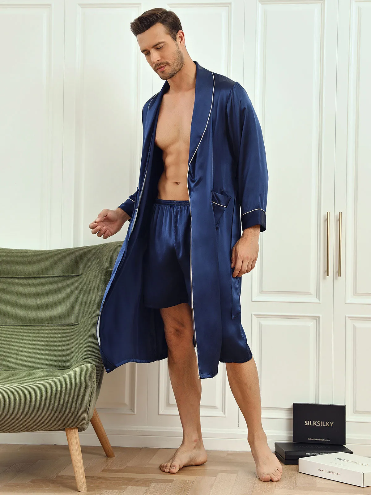 Pure Silk Piping Trim Belted Mens Dressing Gown   Shorts 2Pcs