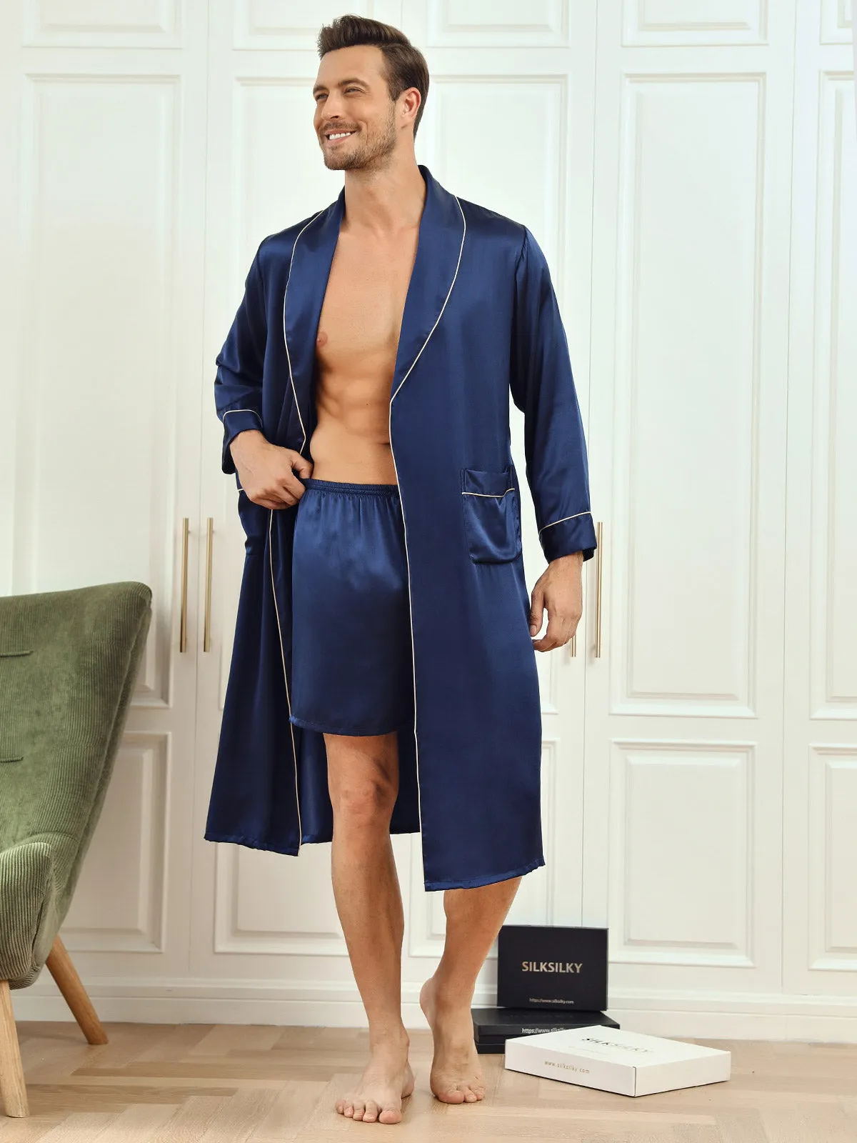 Pure Silk Piping Trim Belted Mens Dressing Gown   Shorts 2Pcs