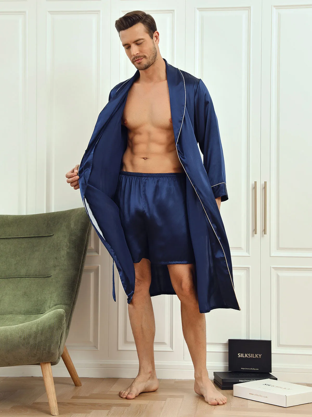 Pure Silk Piping Trim Belted Mens Dressing Gown   Shorts 2Pcs